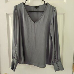 Express Dusty Blue V-Neck Silky Satin Button Cuff Blouse - Size S